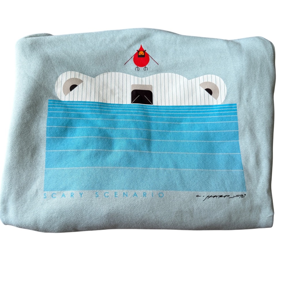 Charley Harper Scary Scenario Hoodie Large Blue Polar Bear Cardinal Cotton